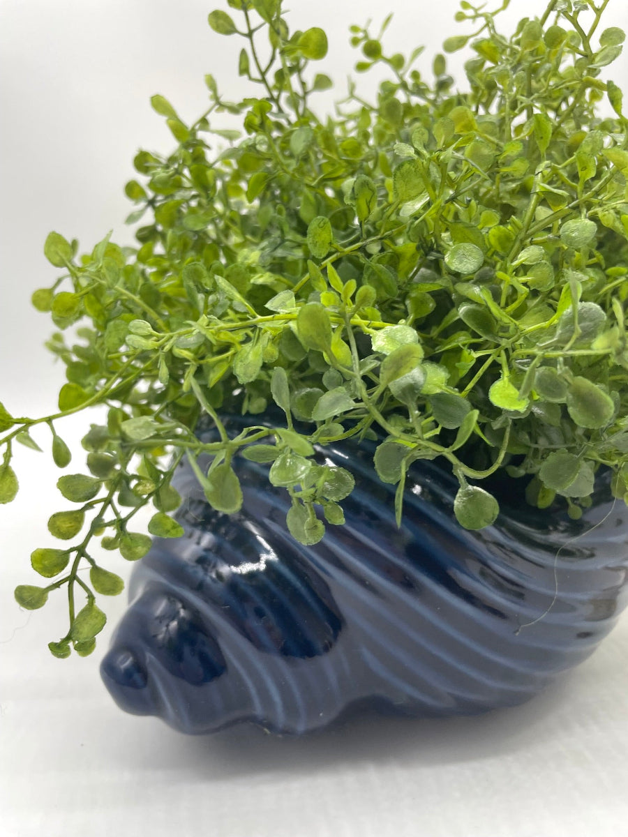 close up for blue Ceramic Sea Shell Vase with realistic vivid green Fake Plants