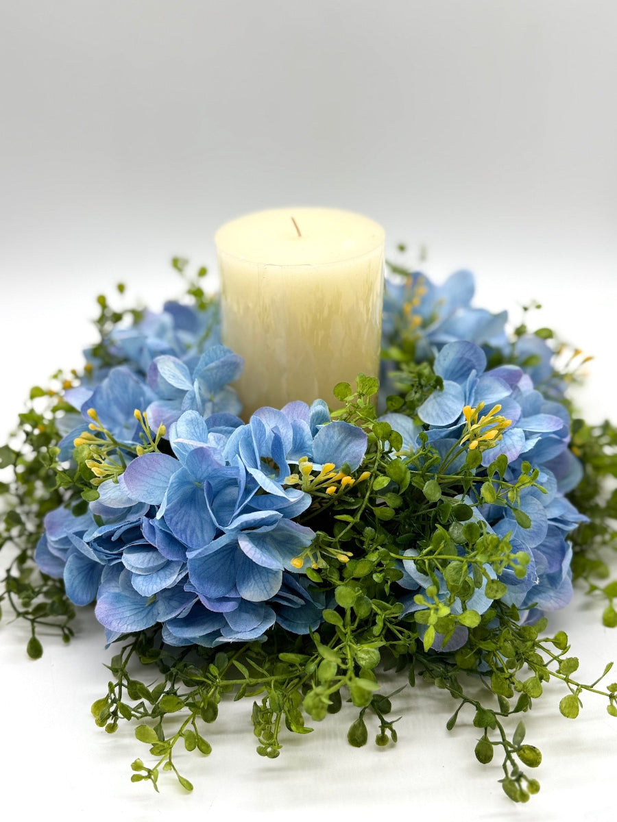 blue hydrangea table wreath with candle