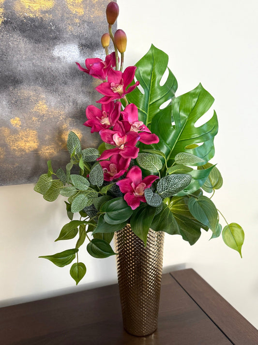 Faux bright Pink Orchid Arrangement in tall gold ceramic vase