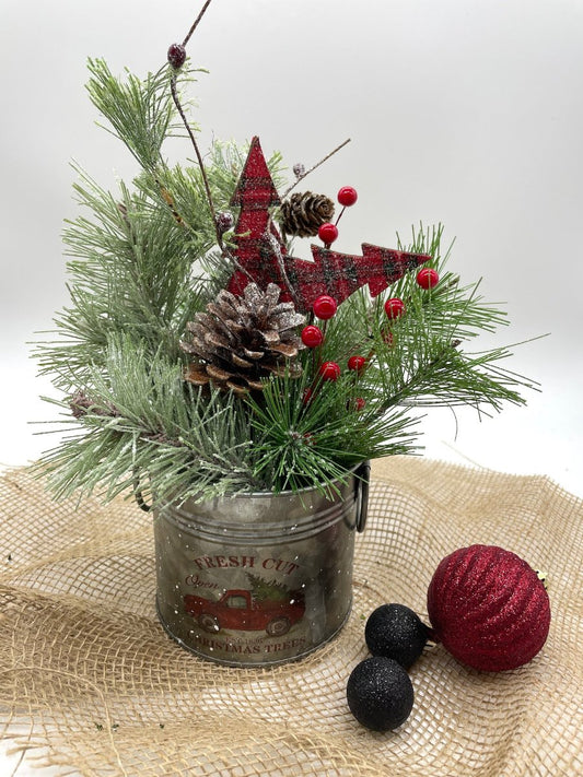 Christmas Arrangement with evergreen and pinecones in metal tin with red truck on it, Holiday Table Decor, Xmas Centerpiece for shelf and table