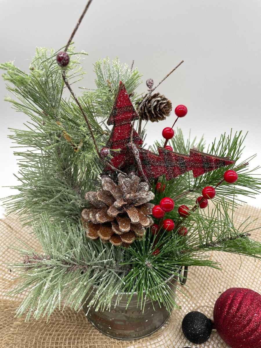 Christmas Arrangement with evergreen and pinecones in metal tin with red truck on it, Holiday Table Decor, Xmas Centerpiece for shelf and table, by AllSeasonsHouseDecor