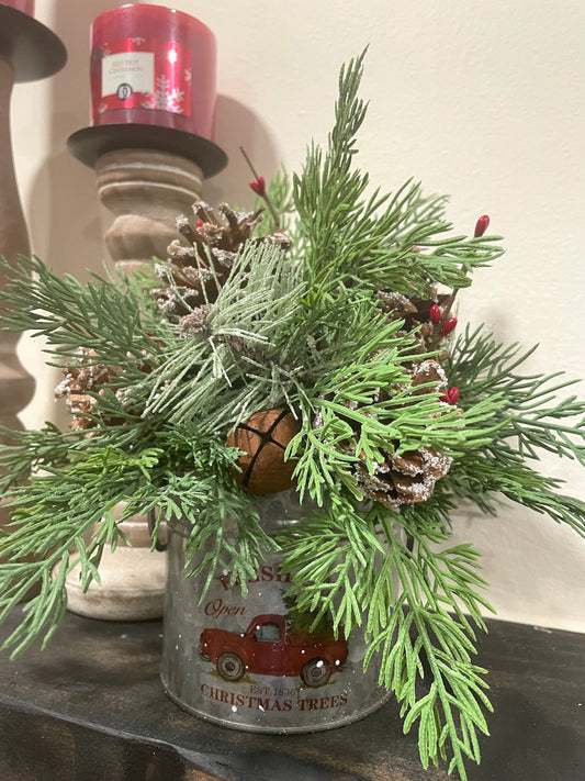 Christmas Greenery Arrangement in Holiday Metal Vase