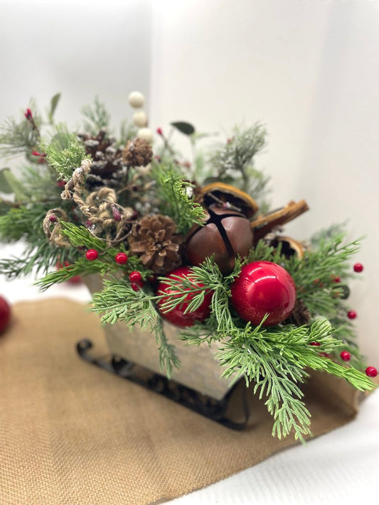 Christmas Sleigh Centerpiece, Xmas Arrangement, Holiday Home Decor, with artificial evergreen and red ornaments, by AllSeasonsHouseDecor