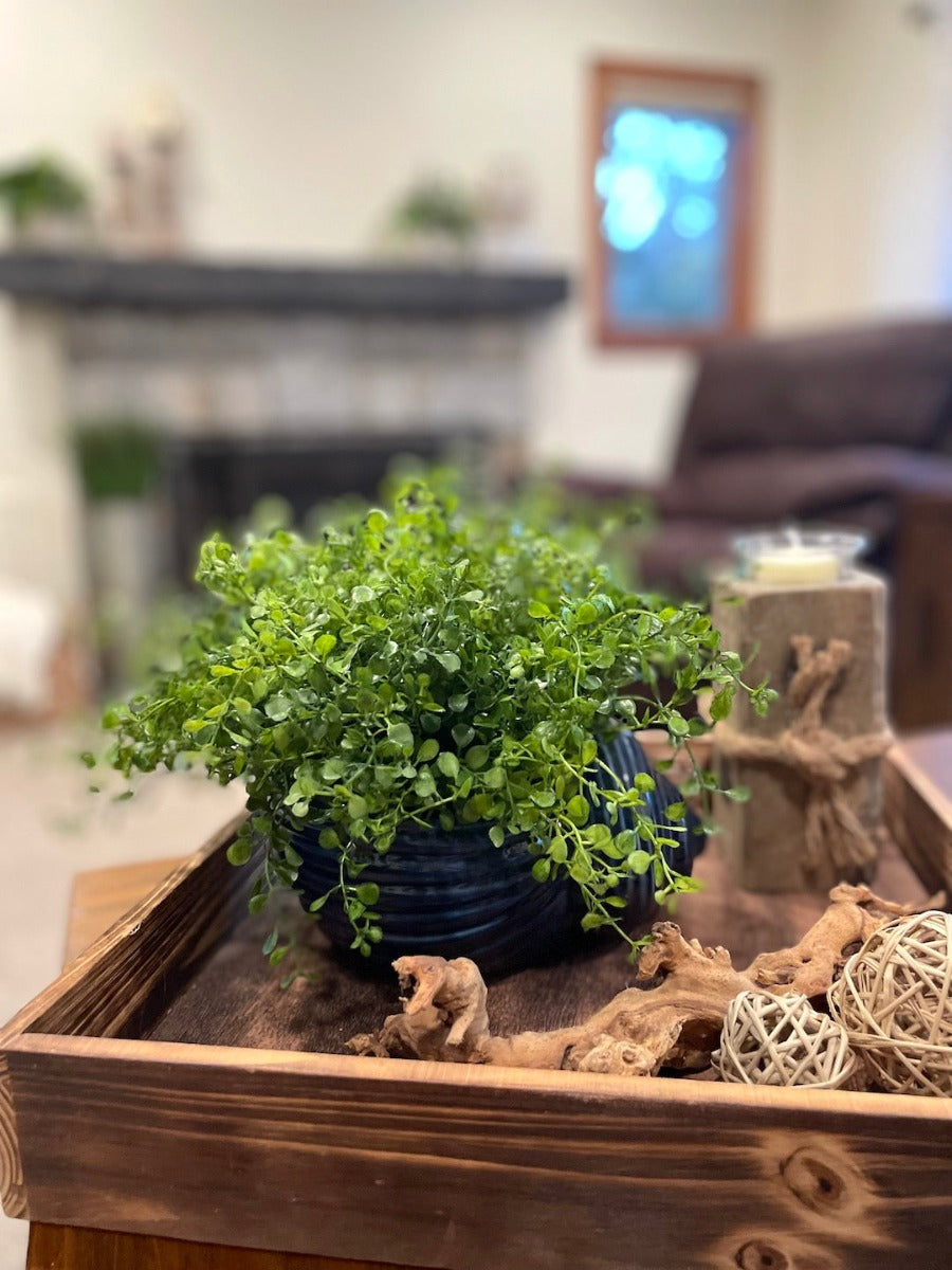 Coastal Tray Decor with faux plant in sea shell blue ceramic vase, rustic wooden candle holder, piece of driftwood, wooden suare tray