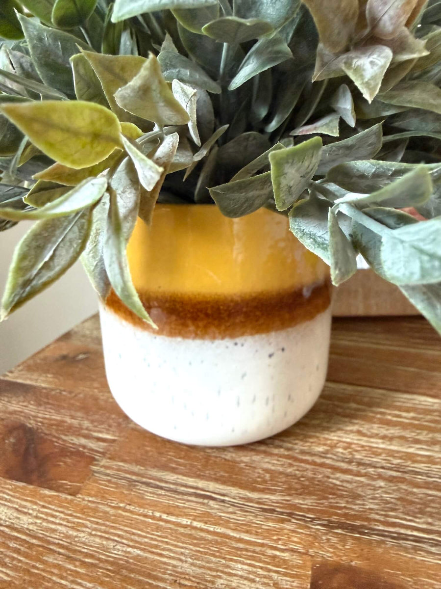 muted dusty green faux plant in yellow ceramic vase for table and shelf - closeu for pot