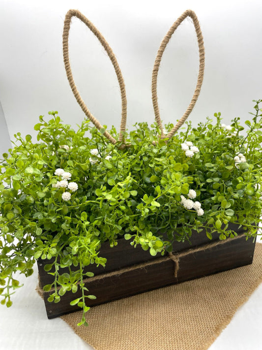 Easter Centerpiece with Bunny Ears in wooden planter