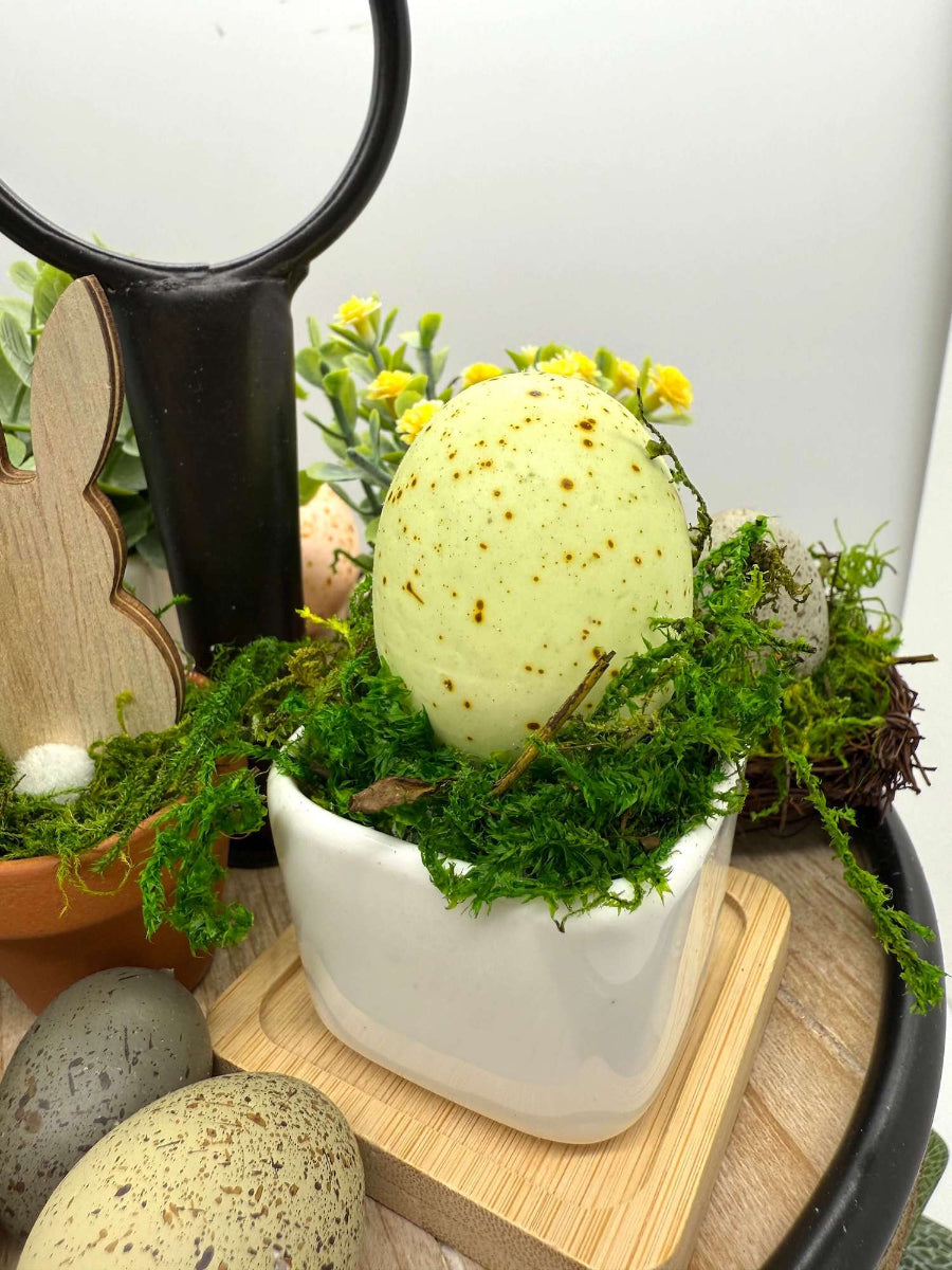 faux eggs mini easter decor, mini faux eggs arrangement in ceramic white vase