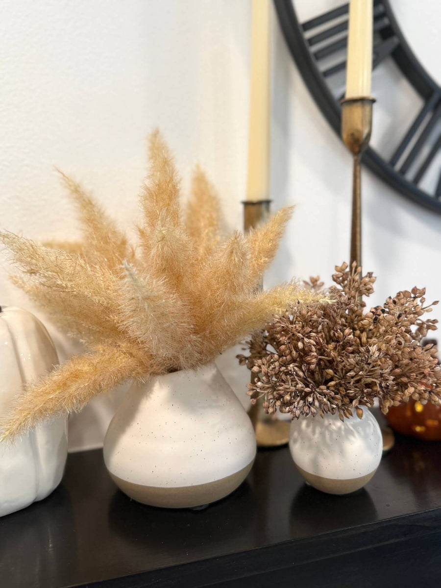 elegant golden fall wheat bouquet in ivory-beige ceramic vase