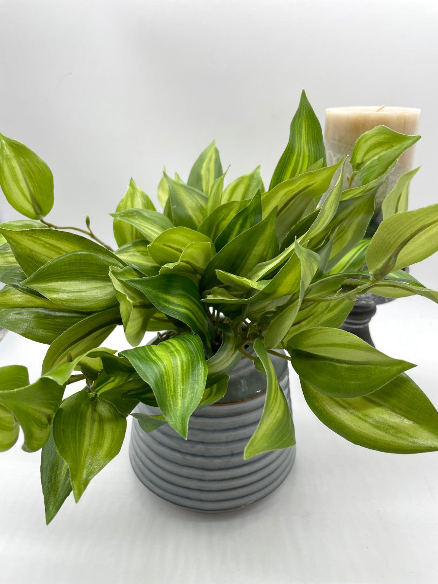 elegant vivid Green Leaf faux Plant in Gray Vase