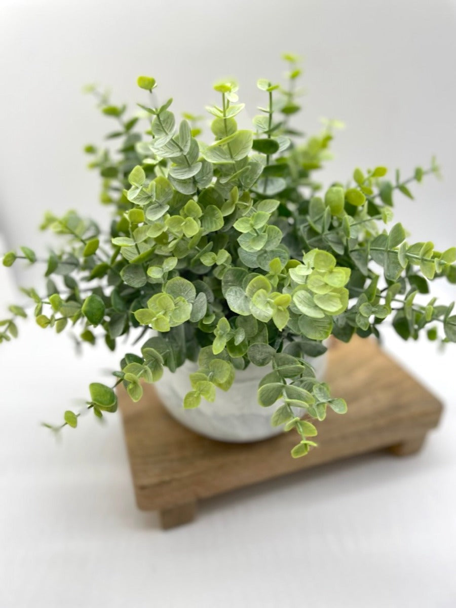 faux eucalyptus arrangement in marble-like ceramic pot in white and gray
