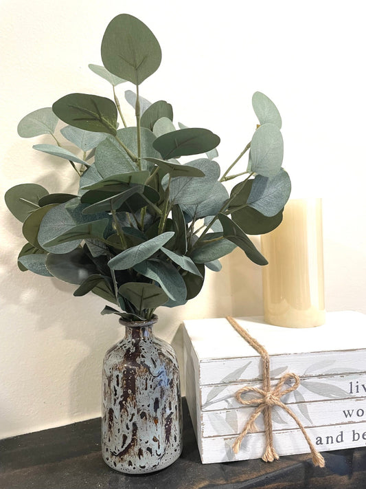 Silver Dollar Eucalyptus Stems in ceramic Vase in gray and brown