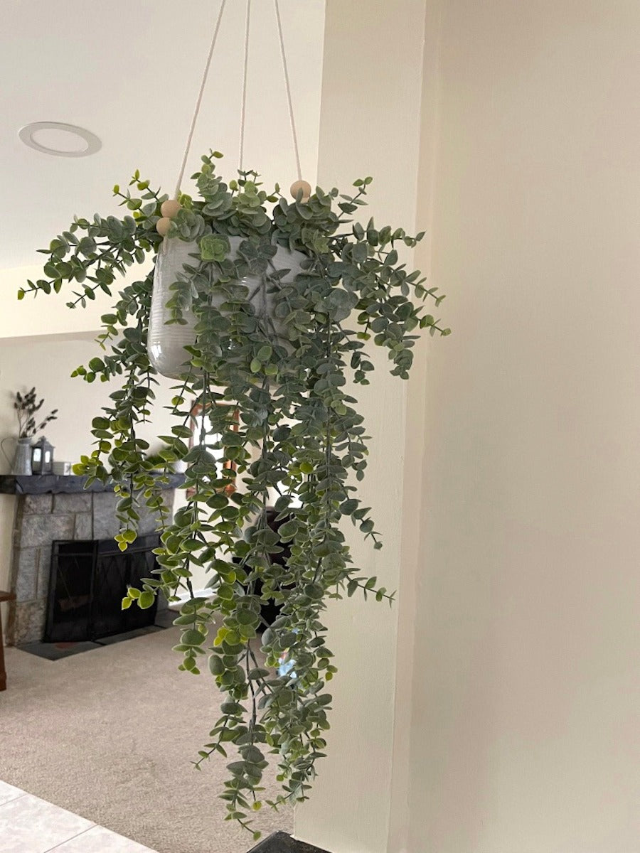 Fake Hanging Plant, Artificial Plant in White Ceramic Pot Indoor, Faux Eucalyptus in Hanging Planter