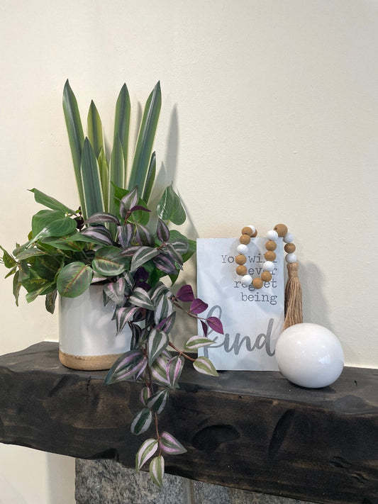 Large Fake Plants realistic looking mix of few plant in green to birgundy, in white ceramic pot