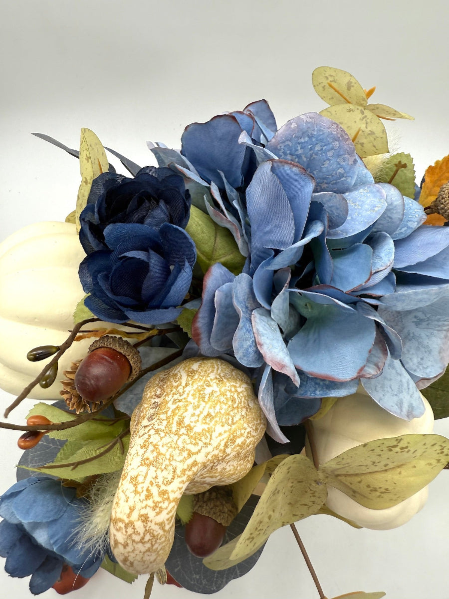 Blue Autumn Floral Arrangement in Black Ceramic Vase 