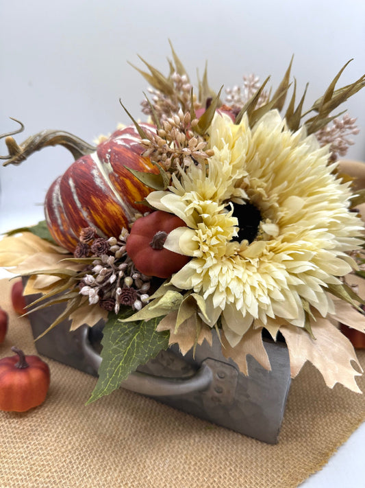 Rustic Fall Centerpiece in Galvanized Square Drawer Vase