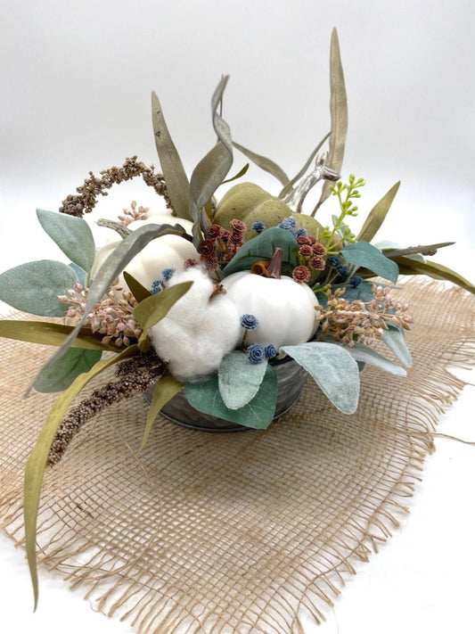 Rustic Fall Centerpiece for Round Table , Autumn Dining Table Center in Galvanized Vase