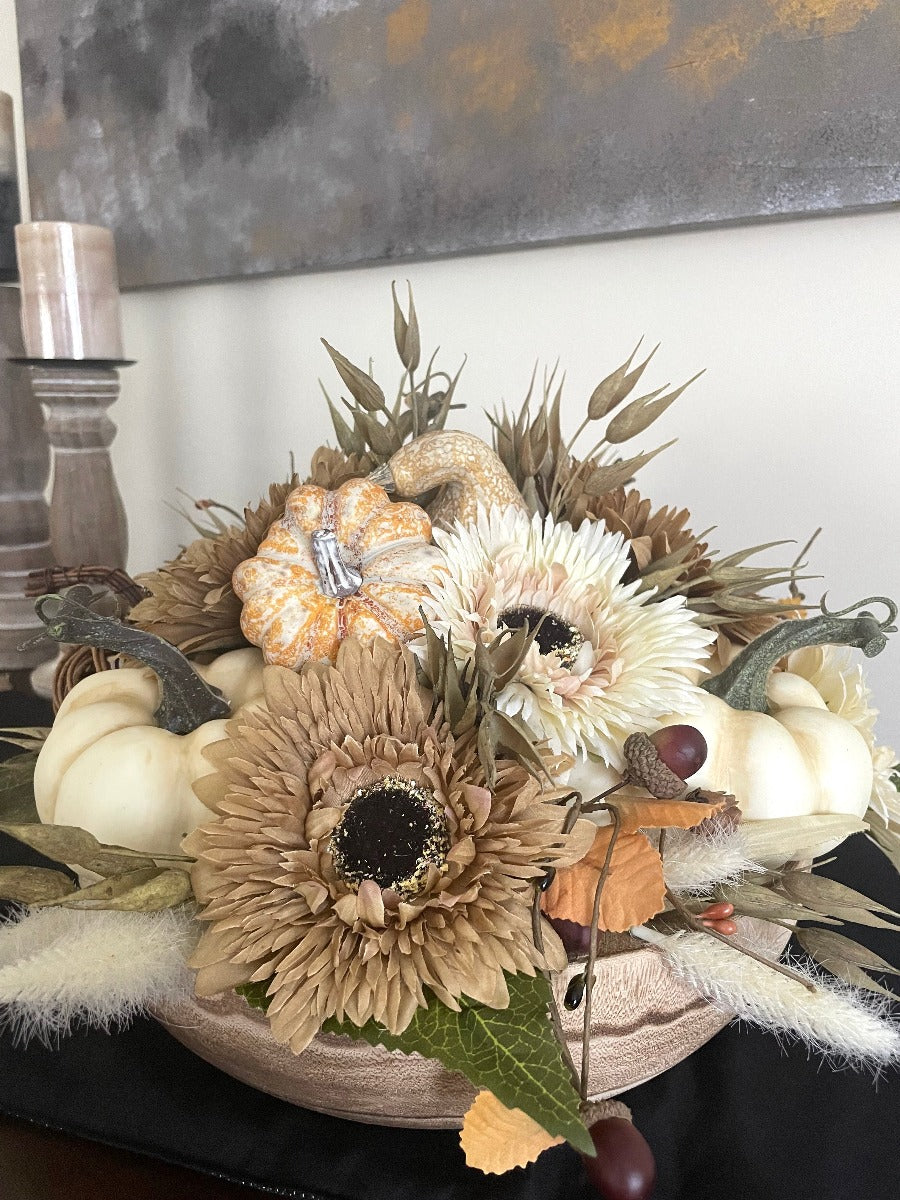 Fall Centerpiece for Table, Round Thanksgiving Arrangement, Autumn Pumpkin Decor