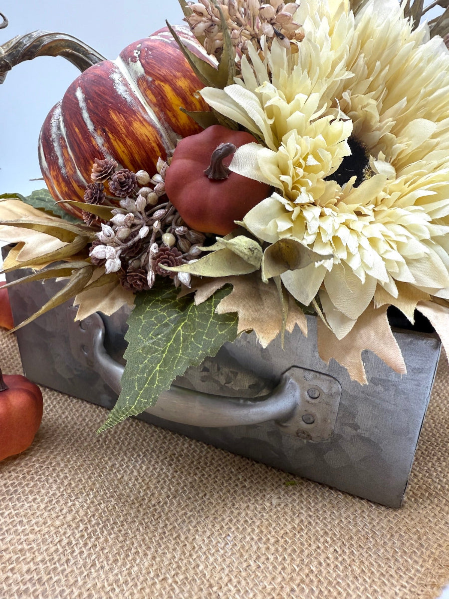 Rustic Fall Centerpiece in Galvanized Square Drawer Vase with faux pumpkins, flowers and foliage in earthy tones