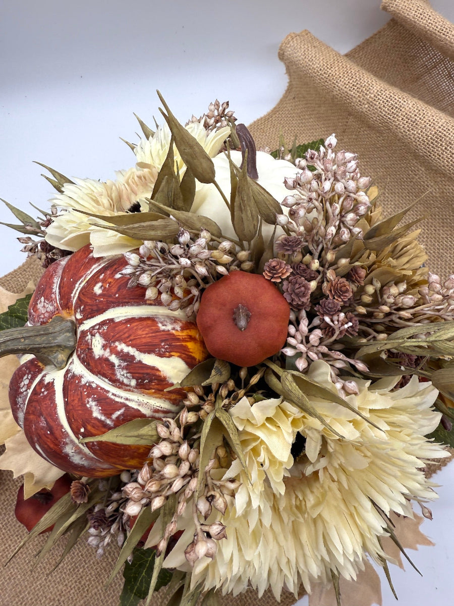 Rustic Fall Centerpiece in Galvanized Square Drawer Vase with artificial pumpkins, flowers, wheat stems and leaves in brown, beige, rustic green