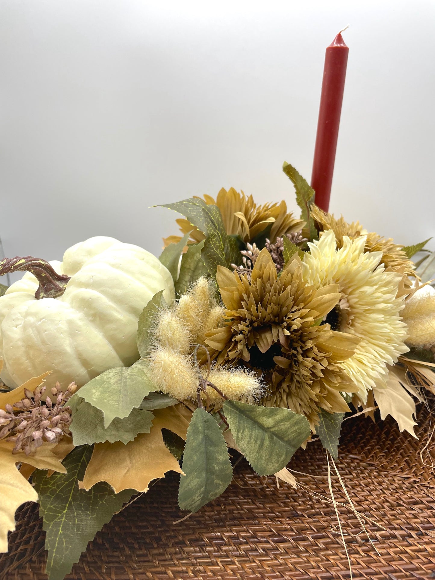 Elegant Fall Centerpiece with Candle, Thanksgiving Arrangement in Neutral Colors