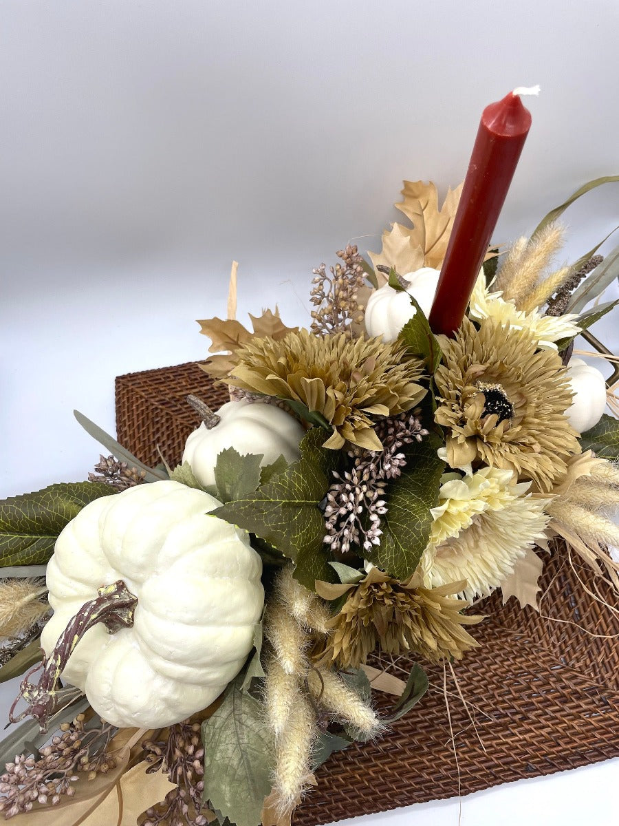 Fall Centerpiece with Candles, Thanksgiving arrangement in natural earthy colors