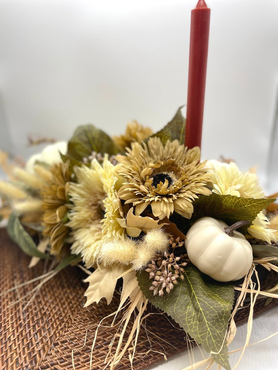 Fall Centerpiece with Candles, Thanksgiving arrangement in natural earthy colors