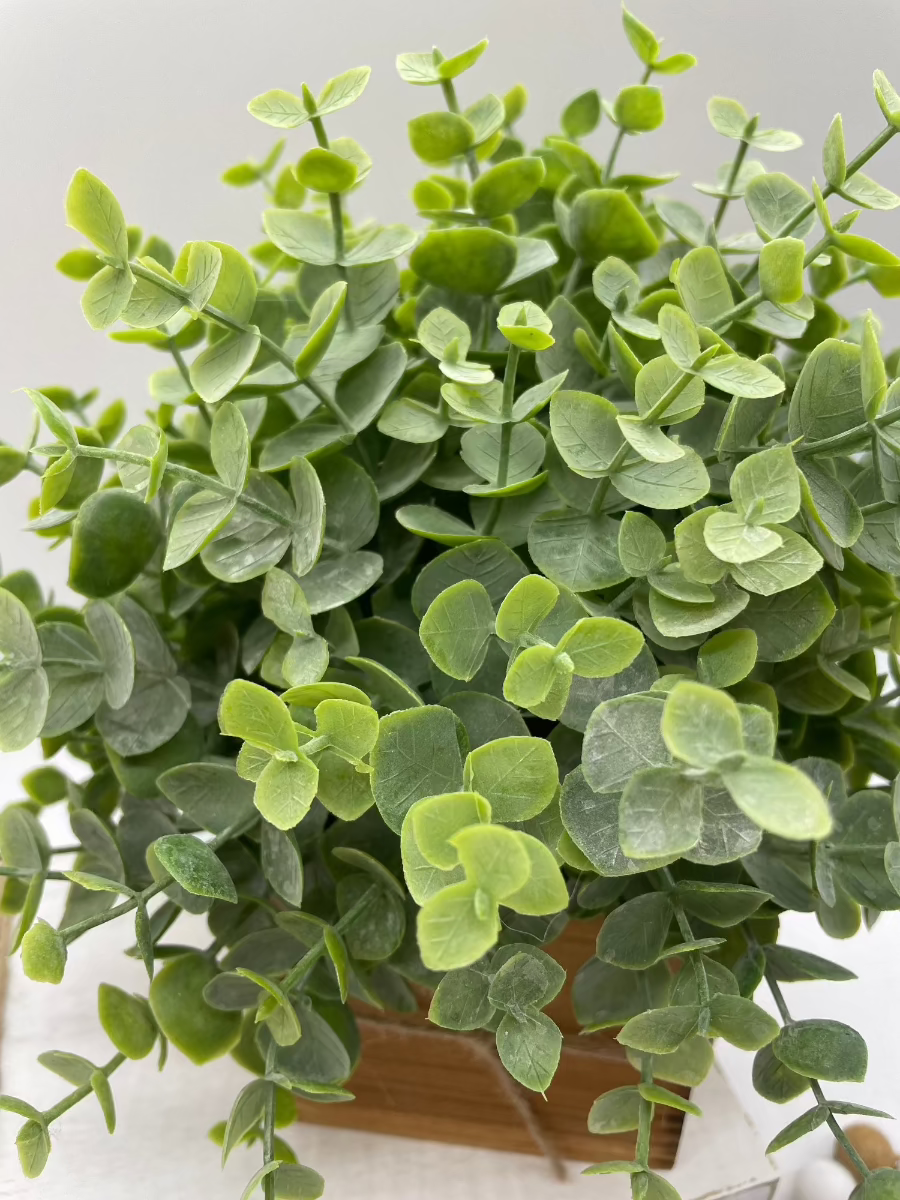 close up for Faux Eucalyptus in square Wooden Planter decorated with jute