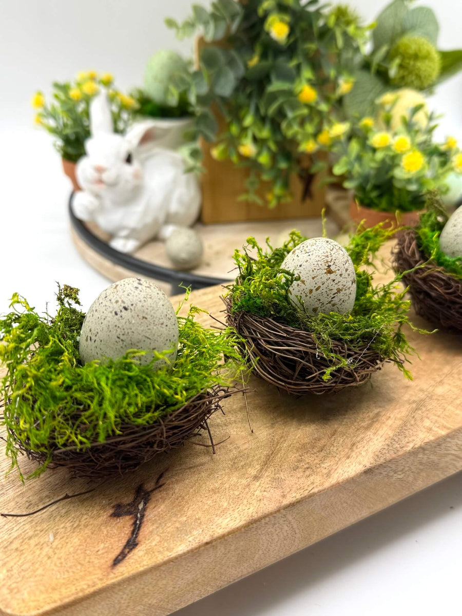 set of 3 mini nest with gray faux eggs and green moss