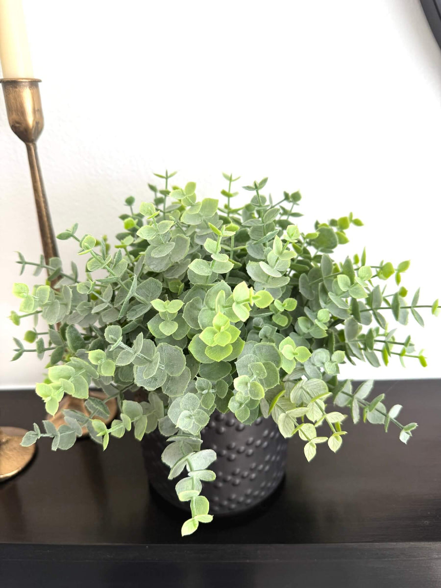view from top for realistic looking green faux eucalyptus plant in elegant textured black matte ceramic pot 
