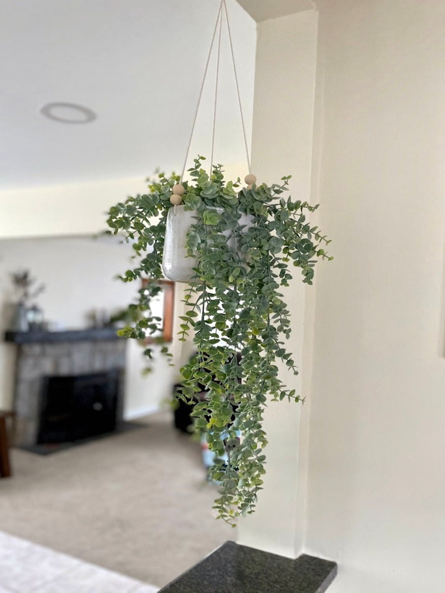 realistic faux eucalyptus plant with overlapping stems in hanging white ceramic pot on white strings