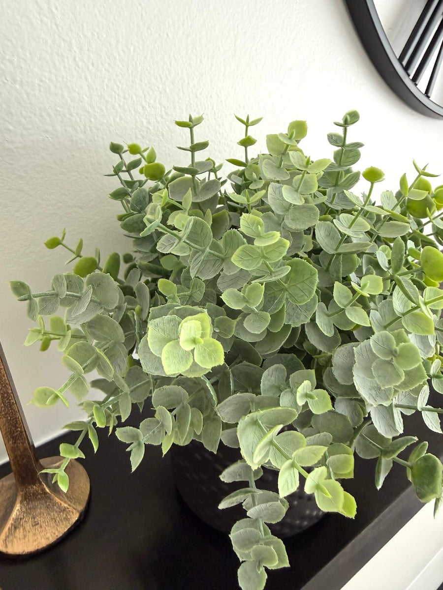 close up of realistic looking green faux eucalyptus plant in elegant textured black matte ceramic pot 