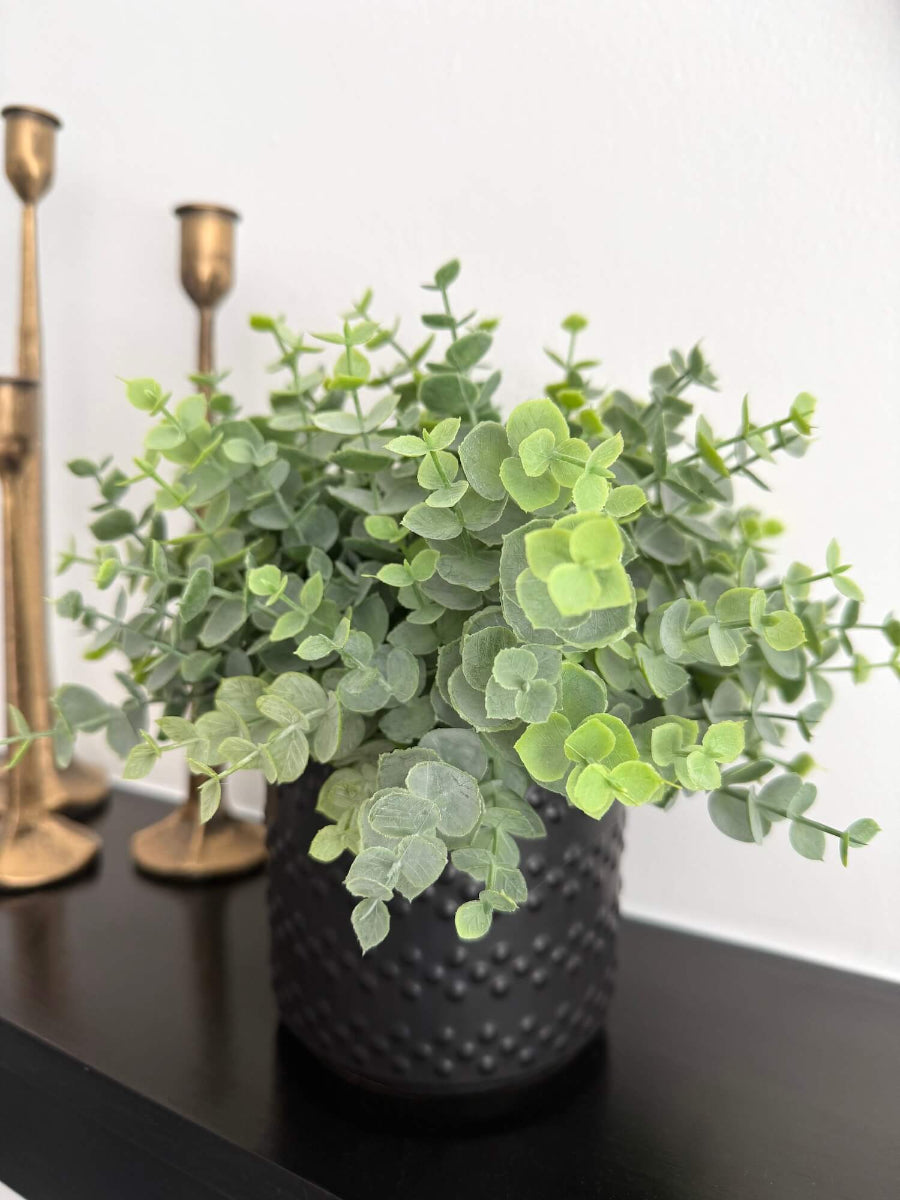 realistic looking green faux eucalyptus plant in elegant textured black matte ceramic pot 