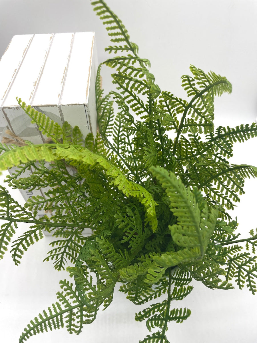 Small realistic Faux Fern in blue-green Ceramic Pot