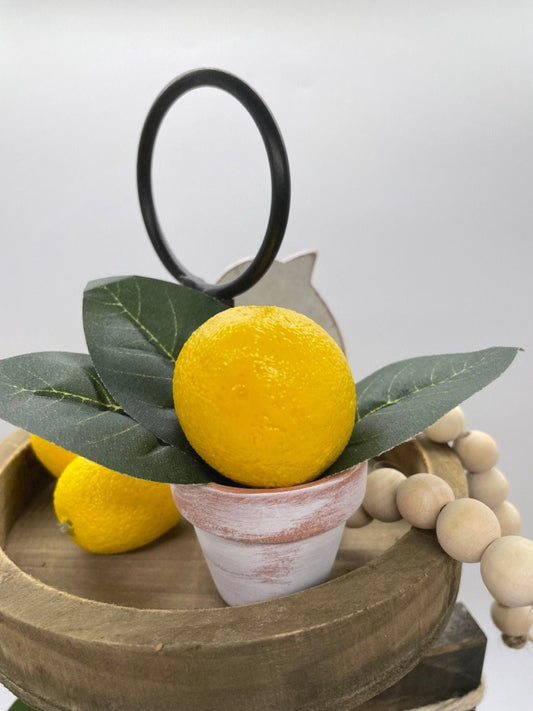 mini faux lemon with lemon leaf arrangement in clay pot touched with white pot