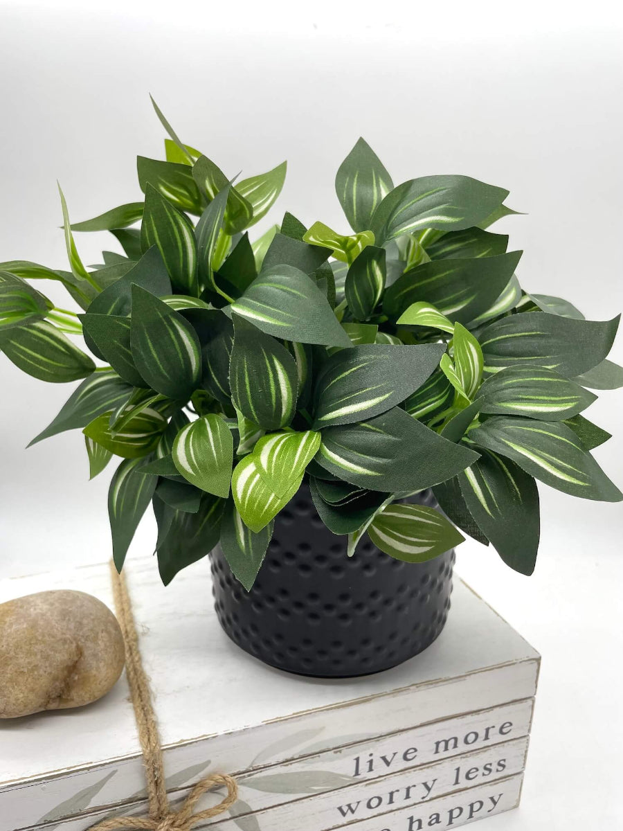 green leaves with white stripes faux plant in elegant black ceramic ot