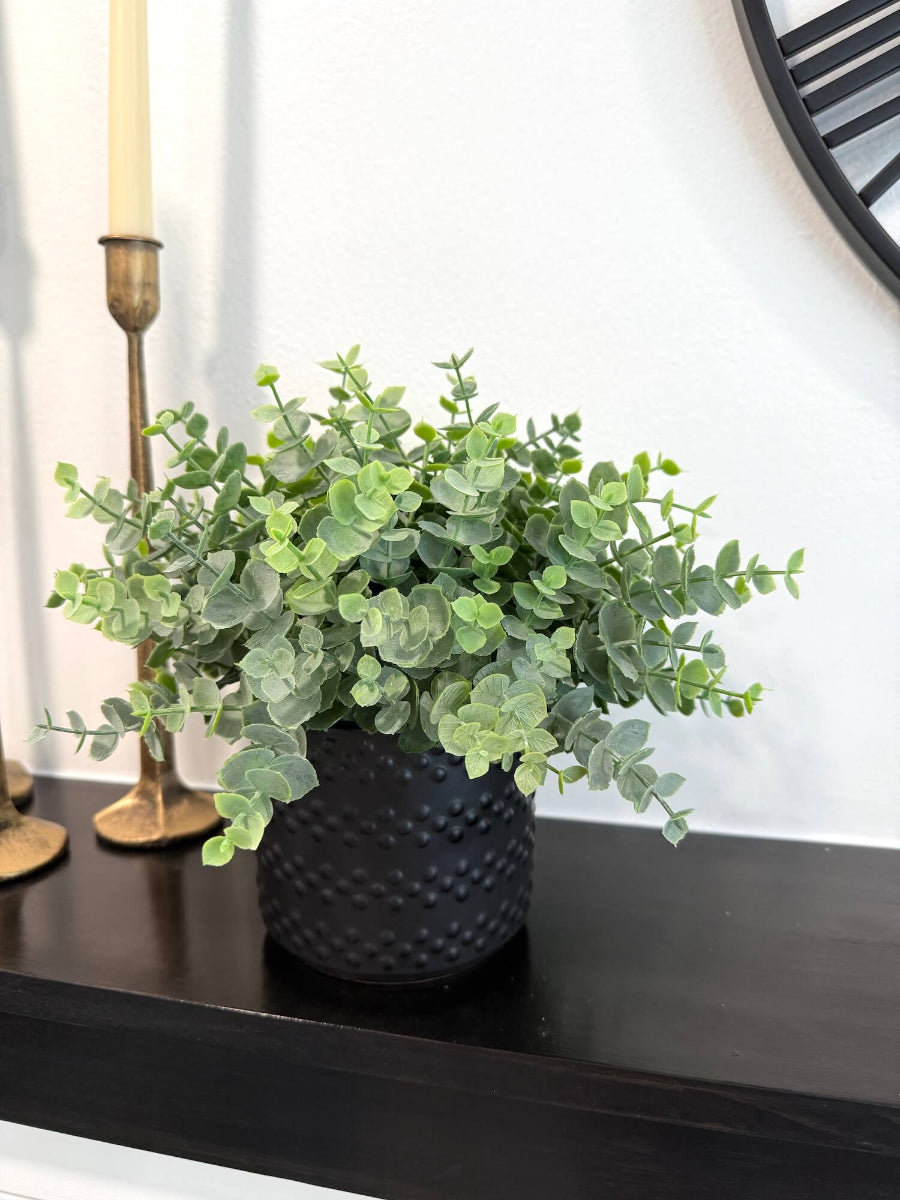 realistic looking faux plant eucalyptus in black matte textured pot vase