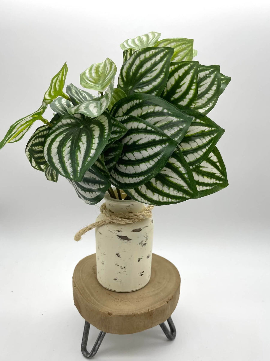 Big Leaf Fake Plants with green leaves and white stripes bottle vase painted in ivory and distressed and decorated with rope
