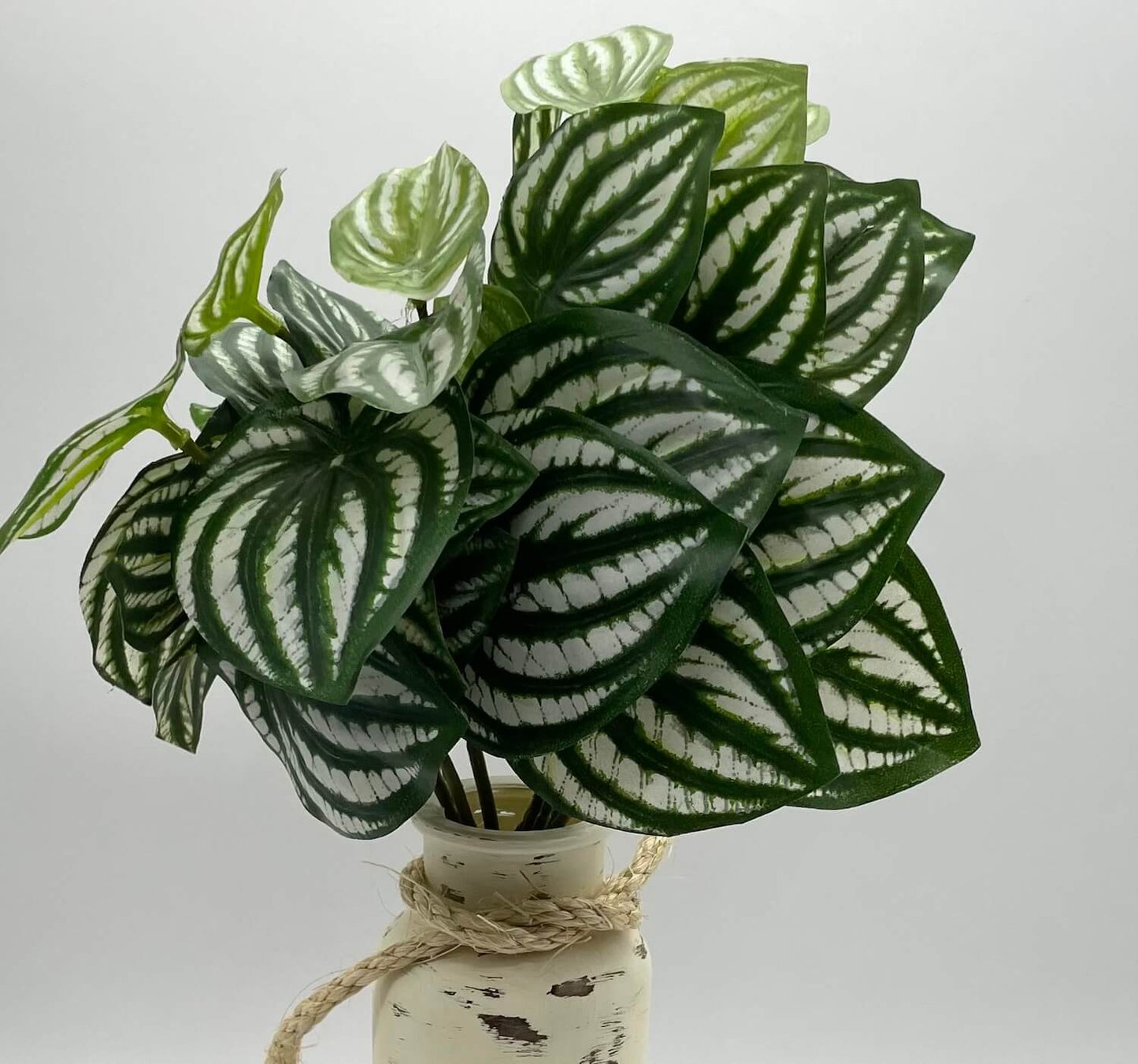Big Leaf Fake Plants with green leaves and white stripes bottle vase painted in ivory and distressed and decorated with rope