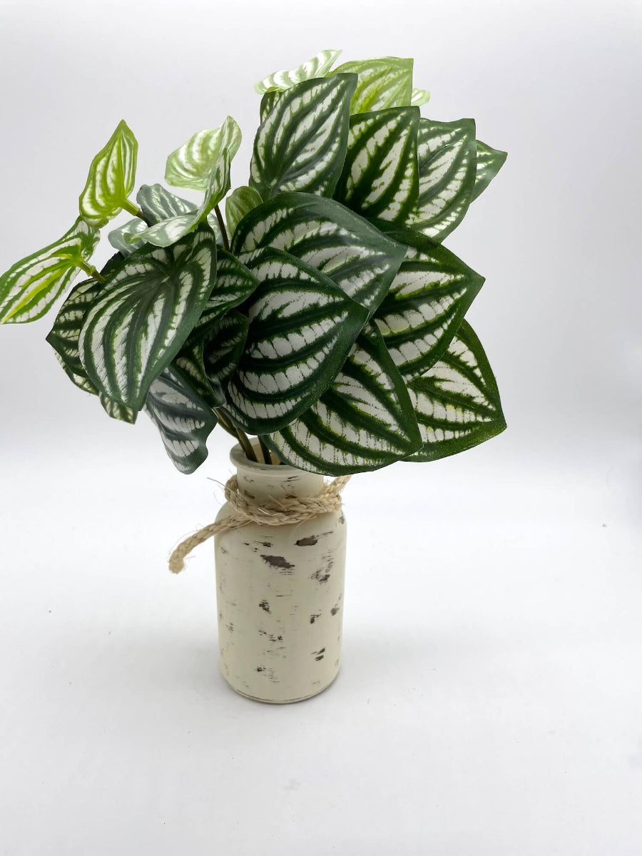 Big Leaf Fake Plants with green leaves and white stripes bottle vase painted in ivory and distressed and decorated with rope