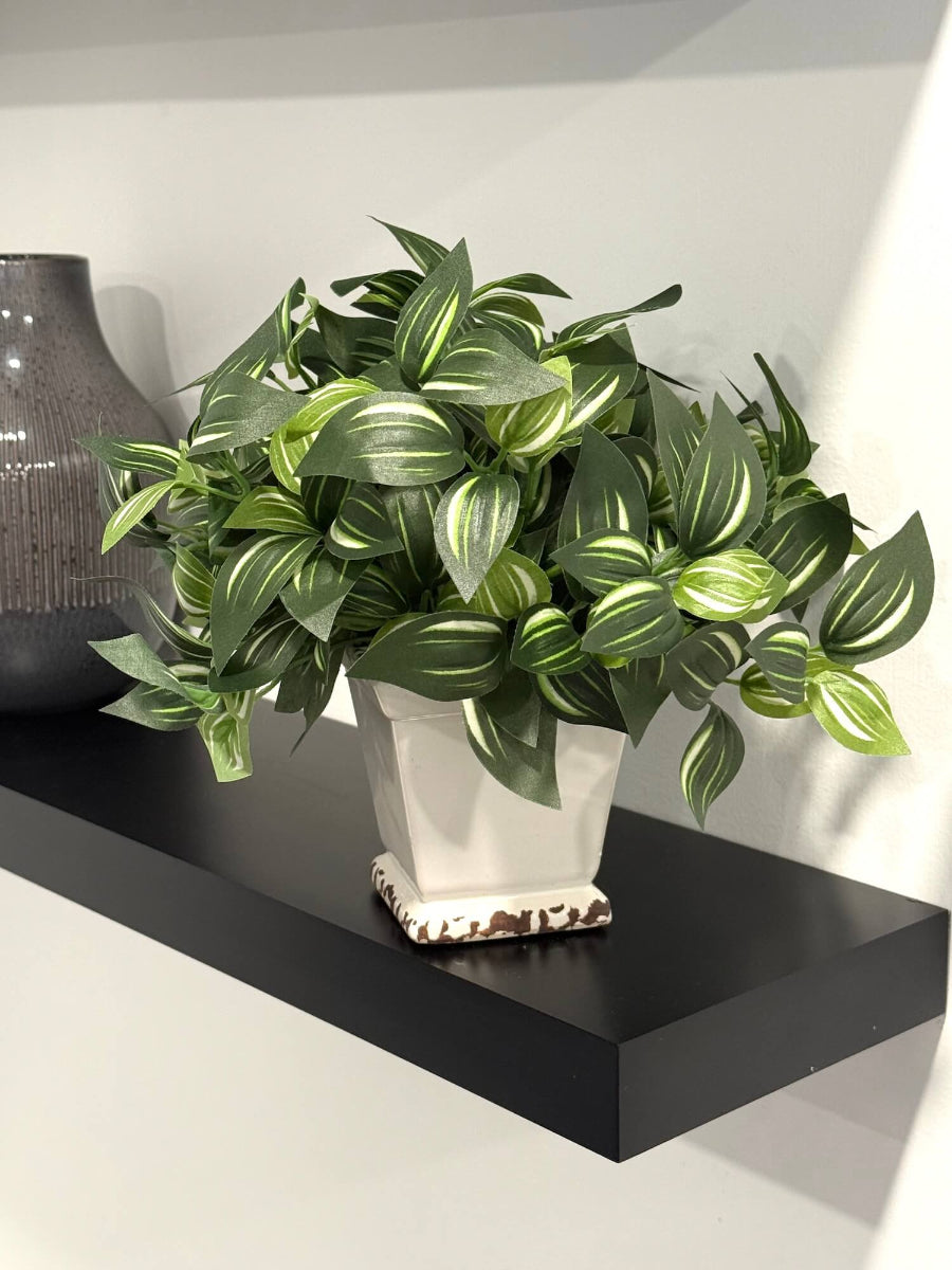 faux plant with small green leaves with white stripes in white ceramic square pot vase