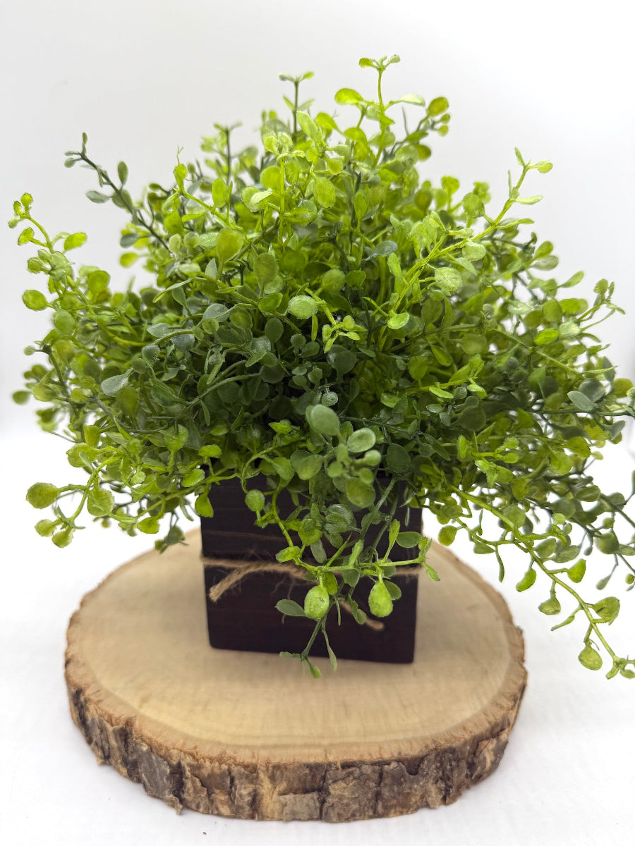 lush and realistic green faux plant in wooden vase in espresso color finished with jute