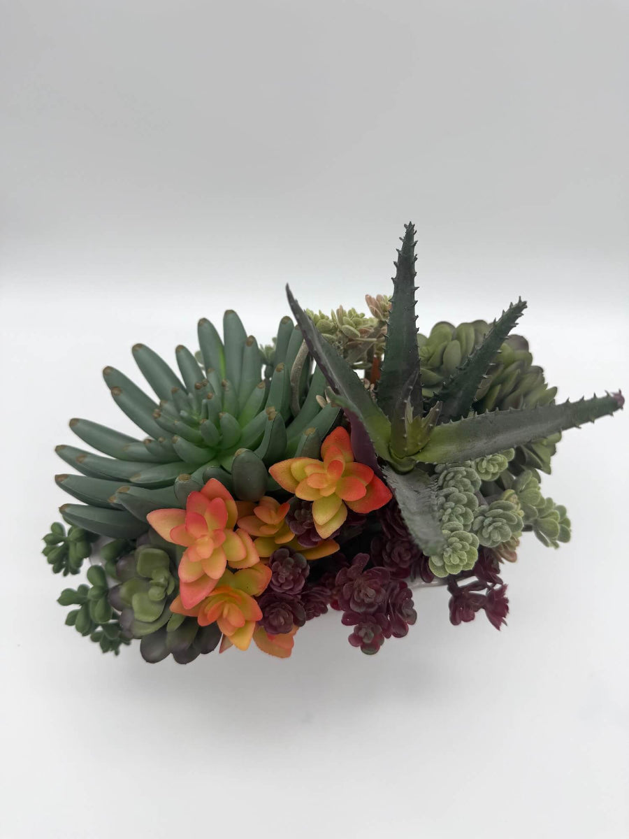 view from top of realistic looking faux succulent arrangement in long ceramic textured vase