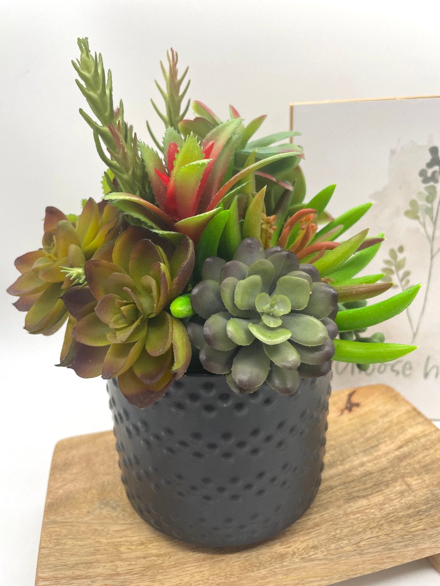 Realistic Potted Succulent Centerpiece-variety of succulents in different shape and size in different shades of green set in textured black pot vase