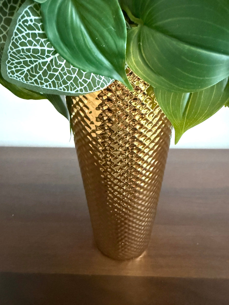 elegant tall orchid centerpiece in cylinder gold vase