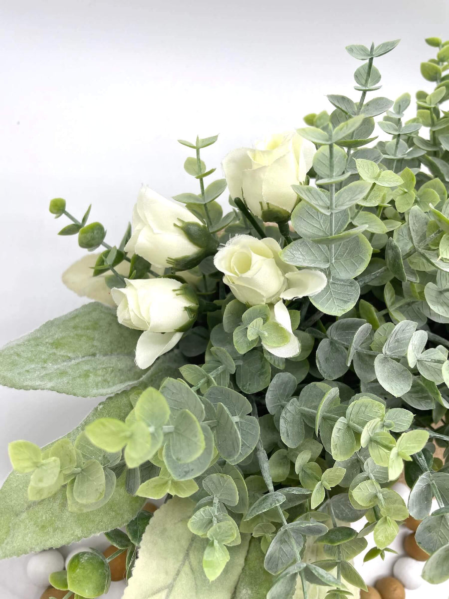 Elegant Greenery Centerpiece for Dining Table with faux eucalyptus, lambs ear and ivory roses
