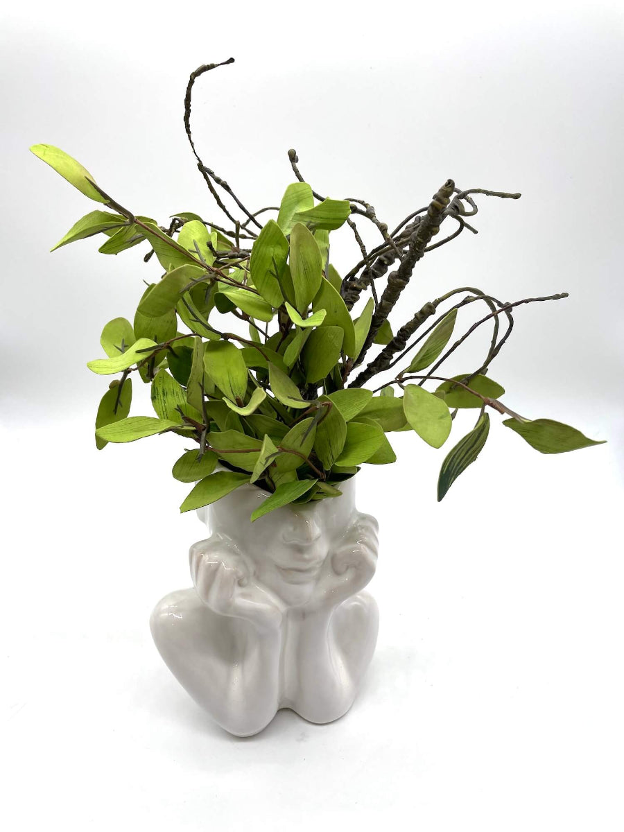 realistic vivid green Faux Plants in Head Vase