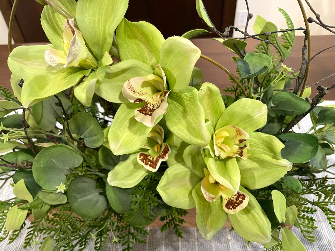 close up for Large Orchid Arrangement, Luxury Orchid Centerpiece, Green Faux Orchid, by AllSeasonsHouseDecor