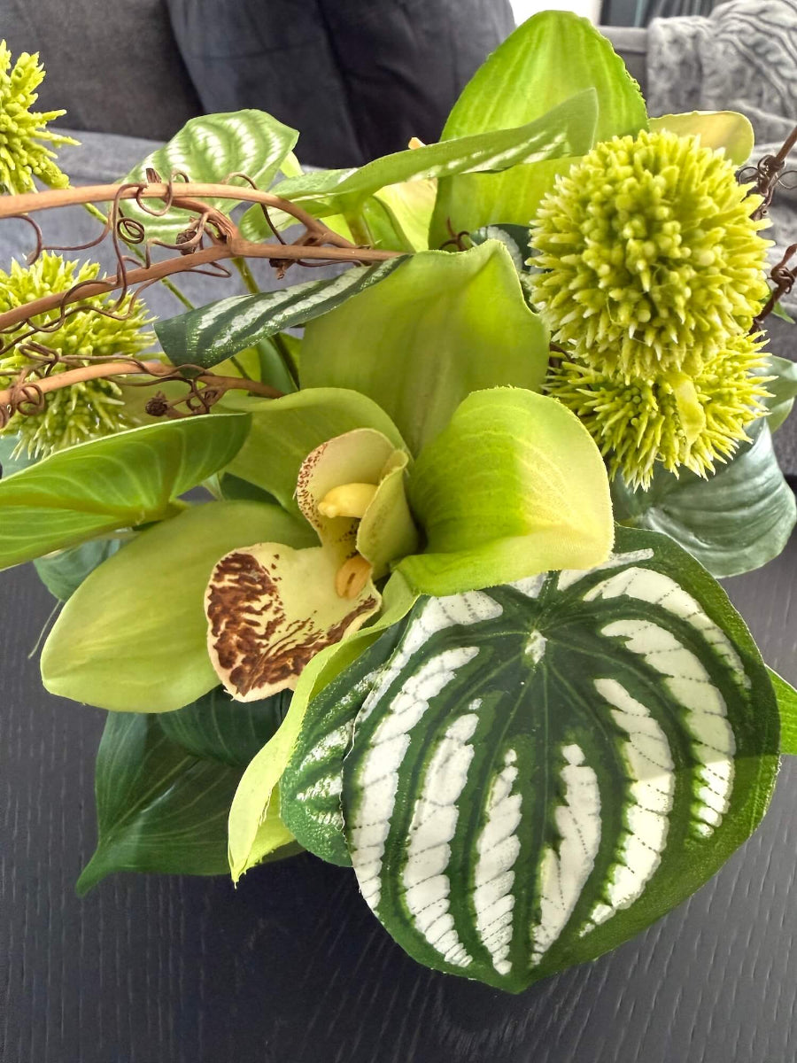 close up for realistic looking green orchid small arrangement with greenery in black ceramic vase