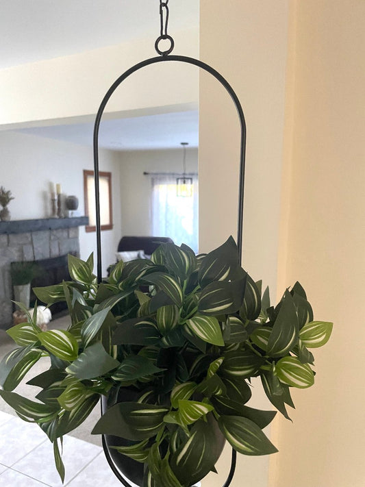 Hanging Fake Plants, Artificial Plant in Black Hanging Planter, Artificial Greenery Hanging Home Decor, Arched Hanging Modern Metal Planter