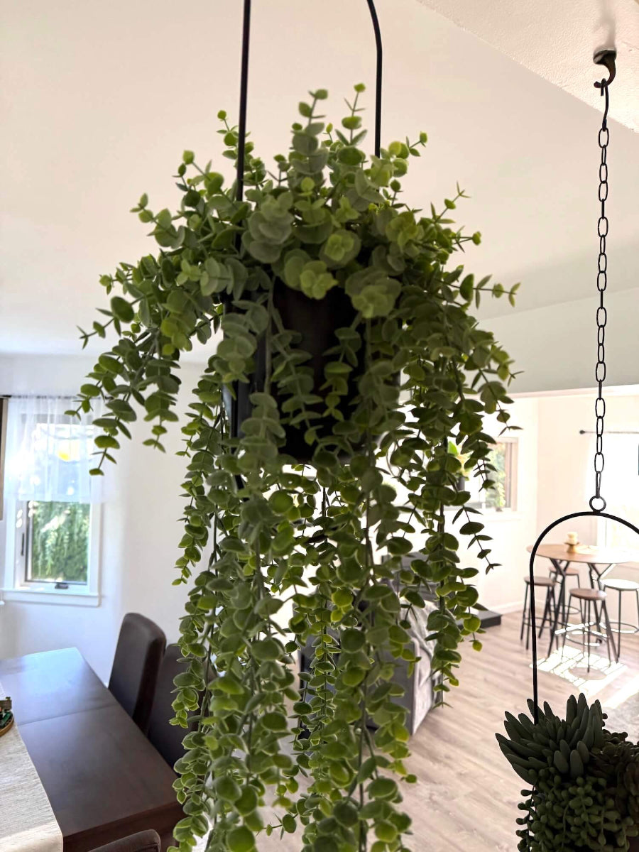 hanging faux eucalyptus plant with cascading stems in modern metal black matte planter